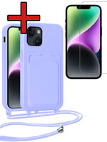 BTH BTH iPhone 14 Plus Hoesje Pashouder met Koord Met Screenprotector - Lila