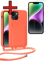 BTH BTH iPhone 14 Plus Hoesje Pashouder met Koord Met Screenprotector - Papaya