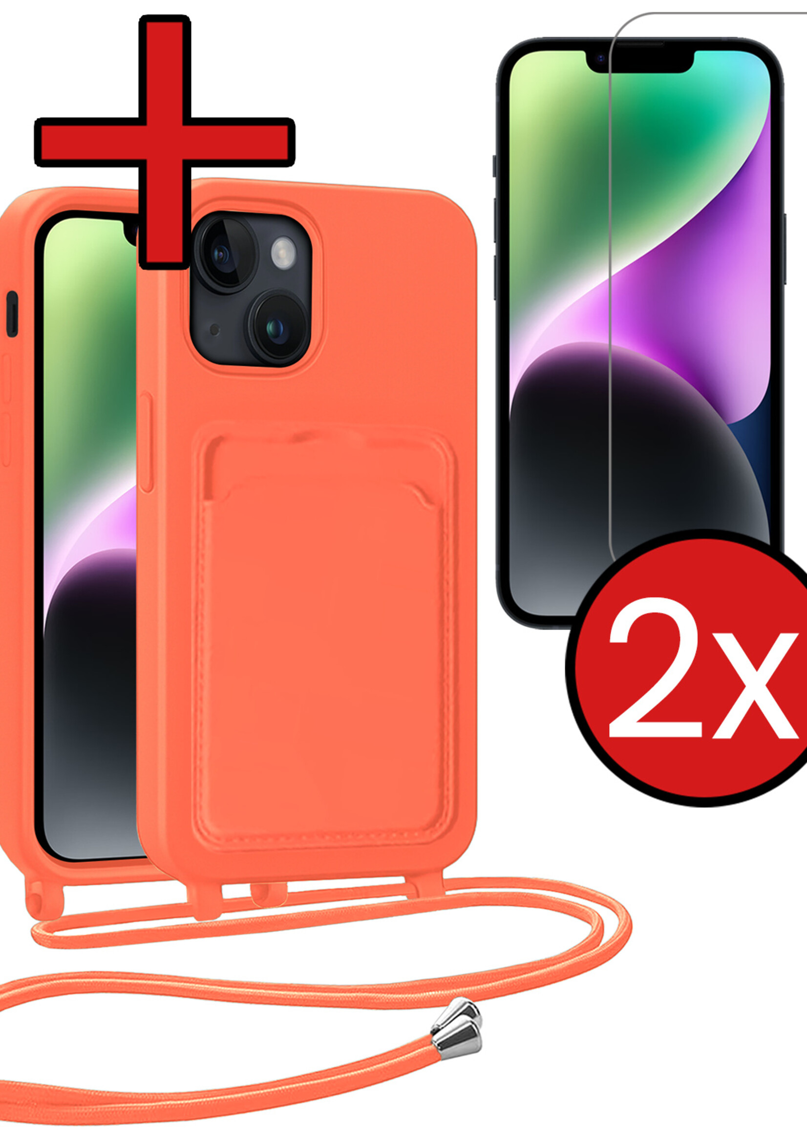 BTH BTH iPhone 14 Plus Hoesje Pashouder met Koord Met 2x Screenprotector - Papaya