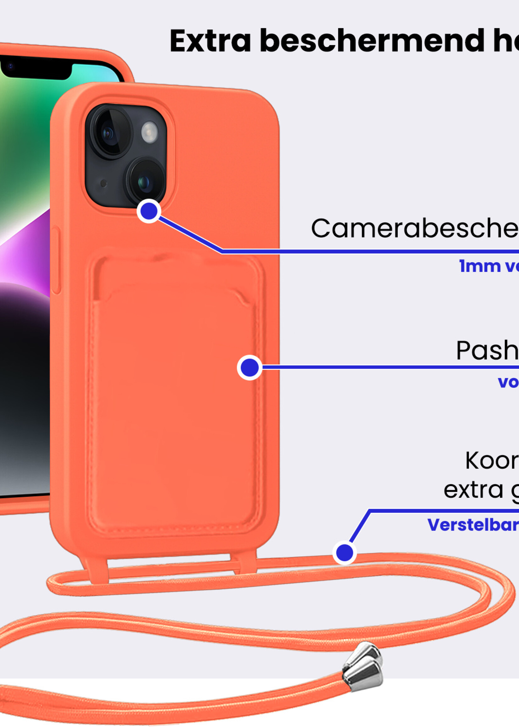 BTH BTH iPhone 14 Plus Hoesje Pashouder met Koord Met 2x Screenprotector - Papaya