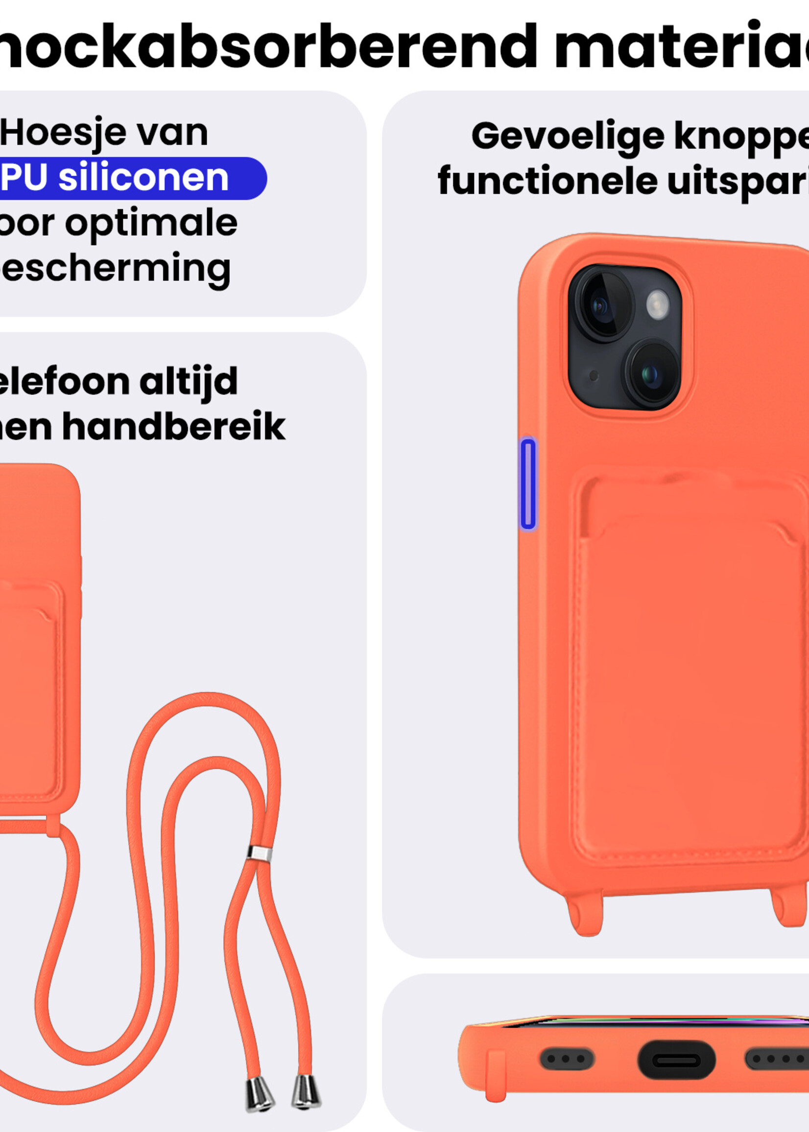 BTH BTH iPhone 14 Plus Hoesje Pashouder met Koord Met 2x Screenprotector - Papaya