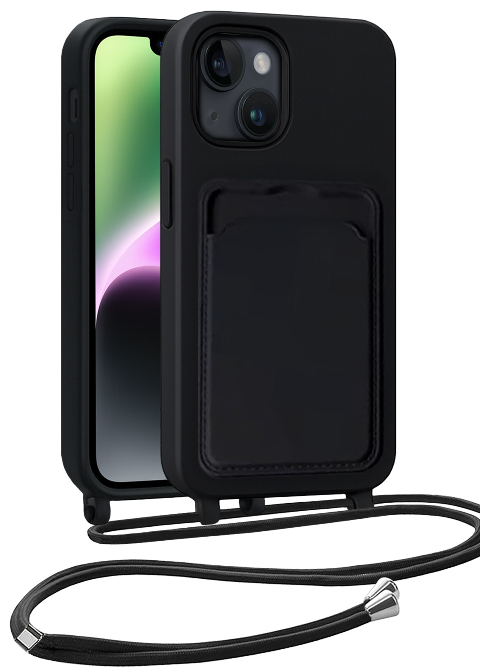 BTH BTH iPhone 14 Plus Hoesje Pashouder met Koord - Zwart