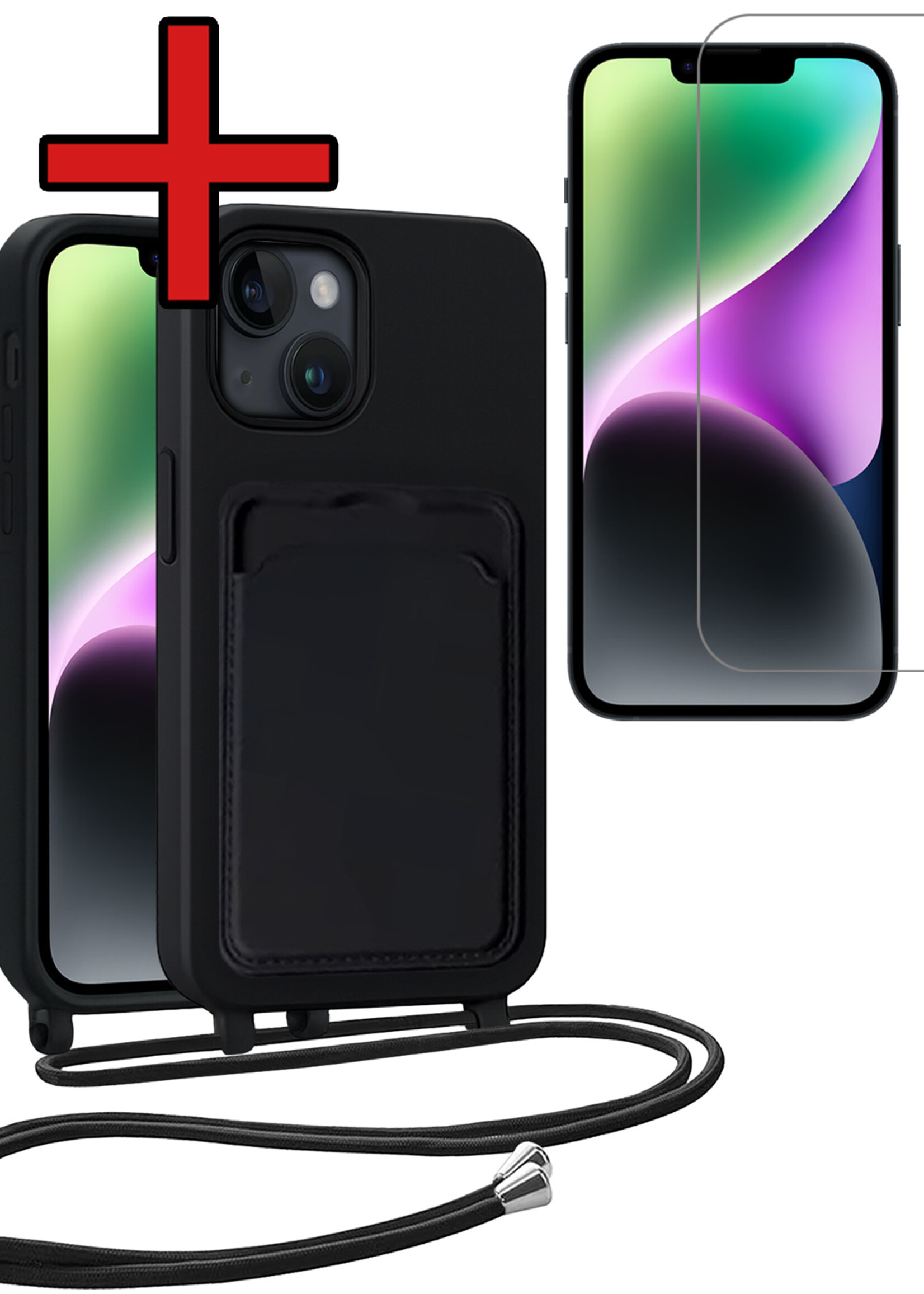 BTH BTH iPhone 14 Plus Hoesje Pashouder met Koord Met Screenprotector - Zwart