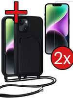 BTH BTH iPhone 14 Plus Hoesje Pashouder met Koord Met 2x Screenprotector - Zwart
