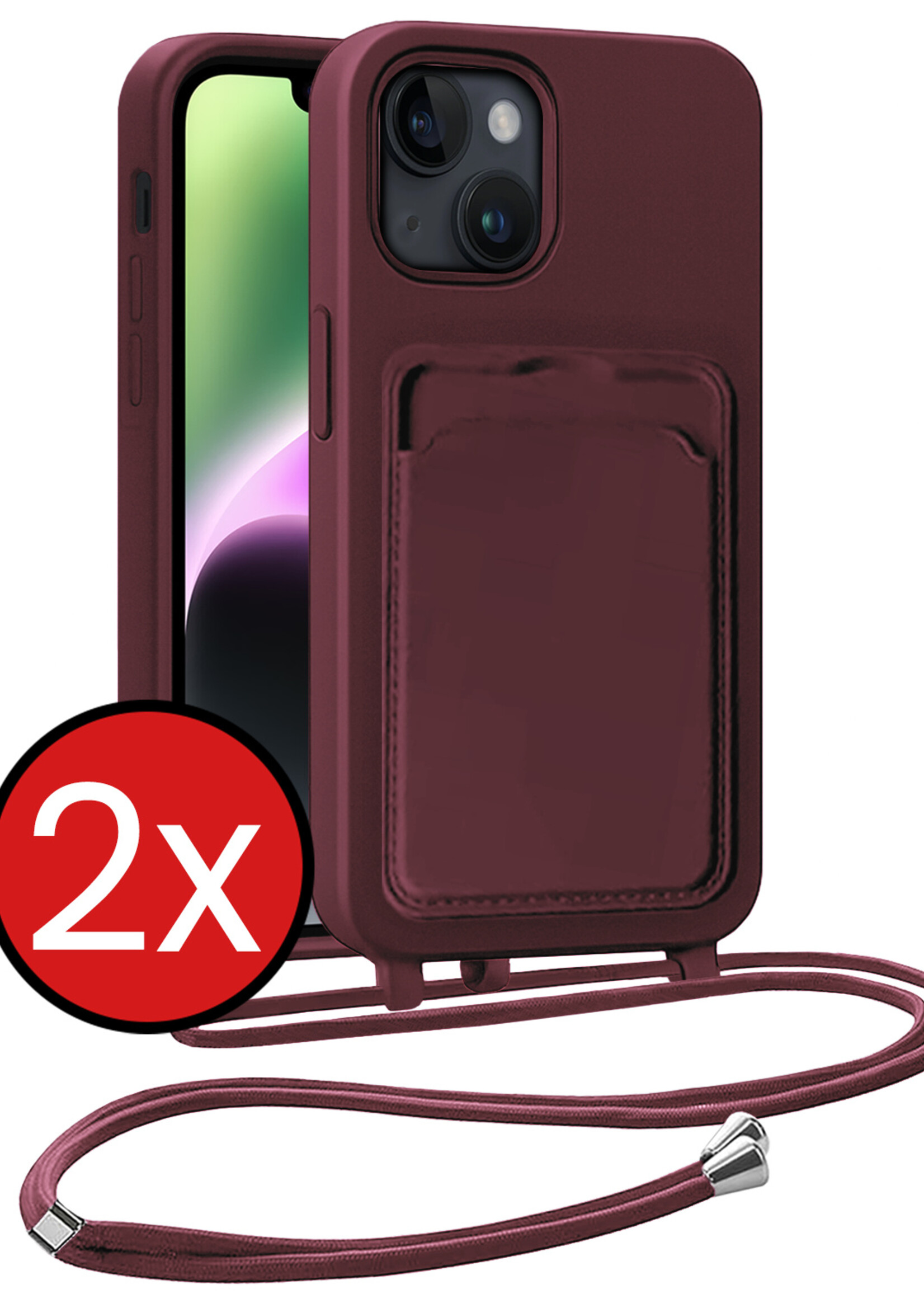 BTH BTH iPhone 14 Hoesje Pashouder met Koord - Aubergine - 2 PACK