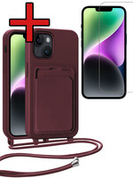 BTH BTH iPhone 14 Hoesje Pashouder met Koord Met Screenprotector - Aubergine