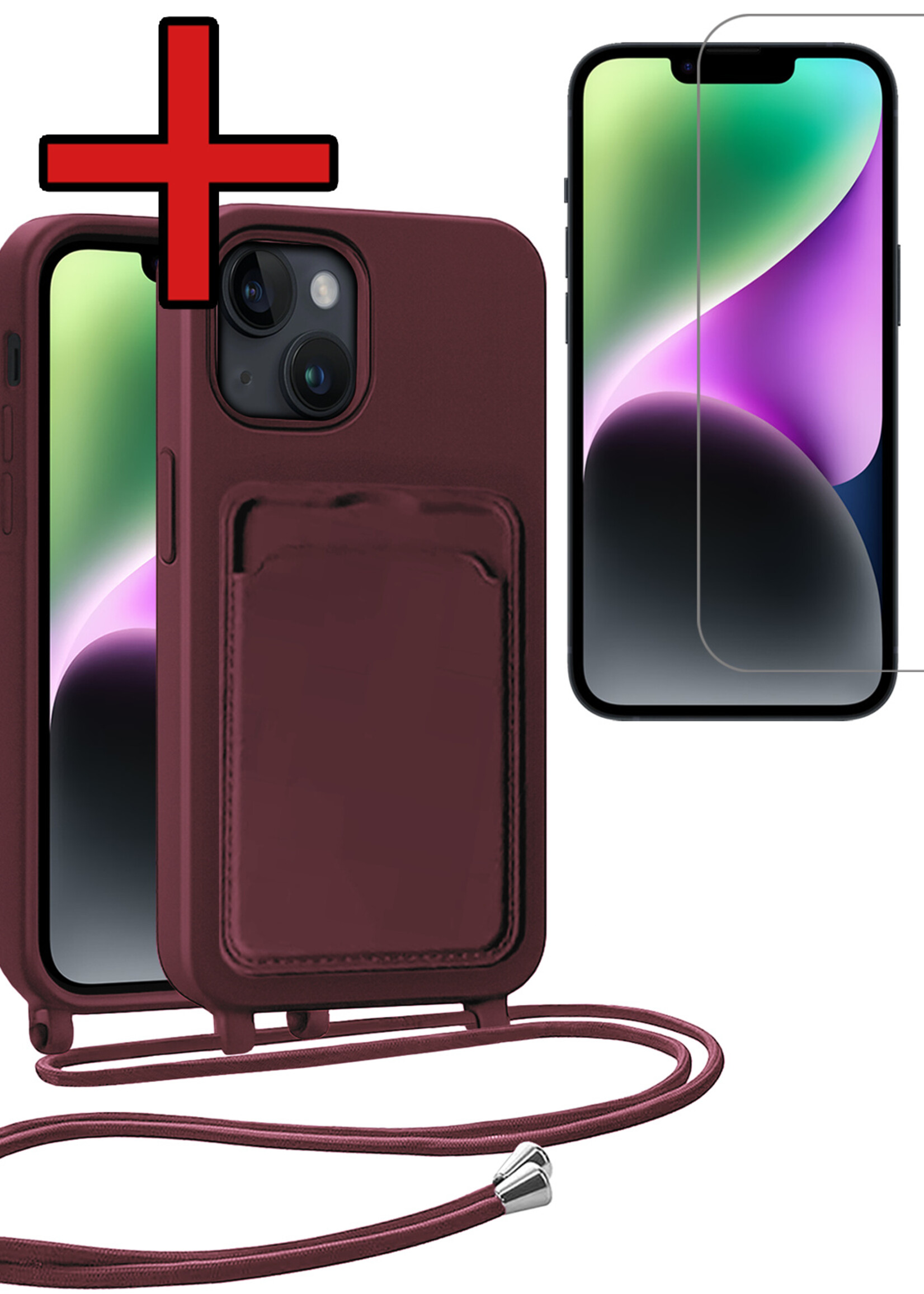 BTH BTH iPhone 14 Hoesje Pashouder met Koord Met Screenprotector - Aubergine