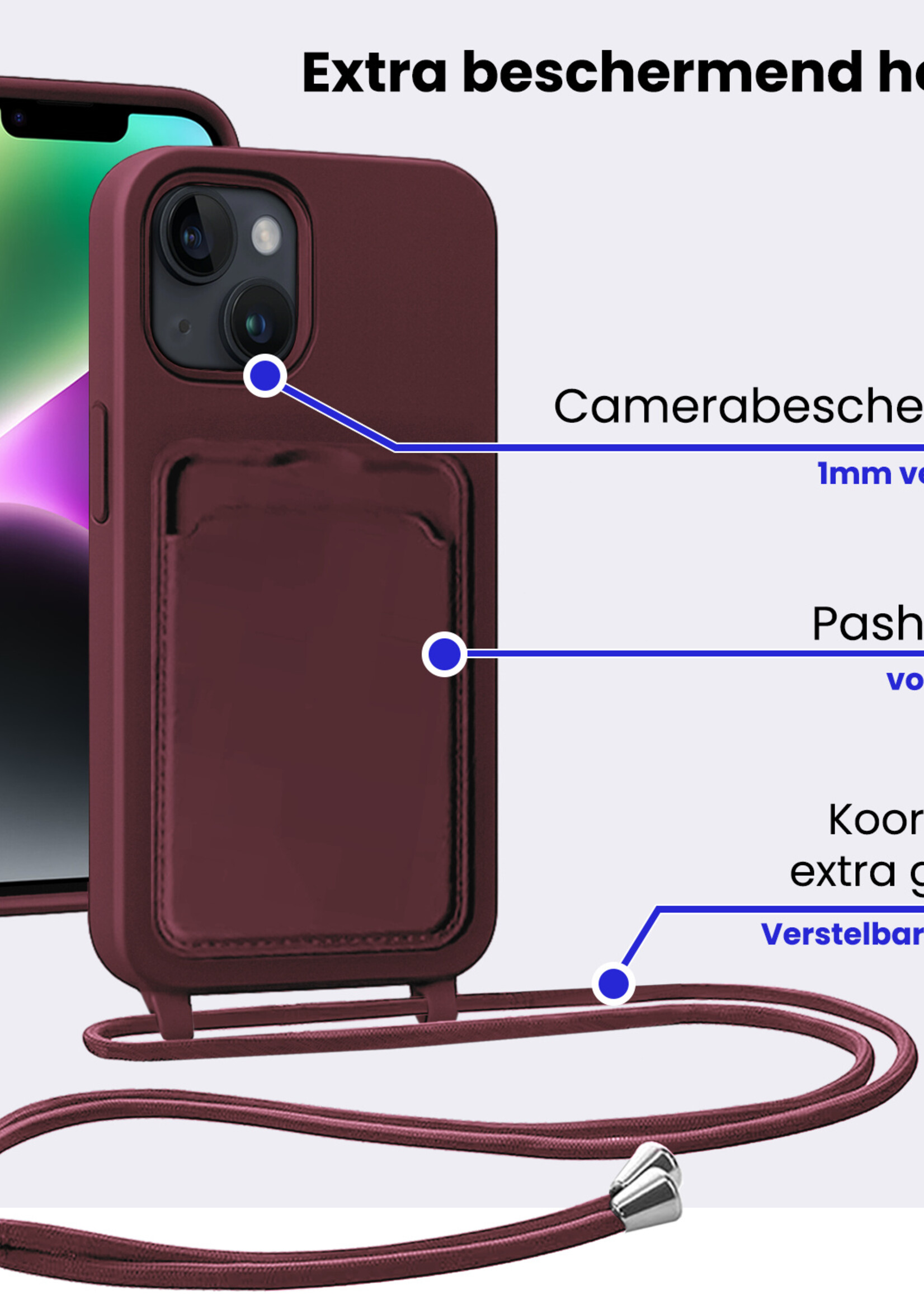 BTH BTH iPhone 14 Hoesje Pashouder met Koord Met Screenprotector - Aubergine