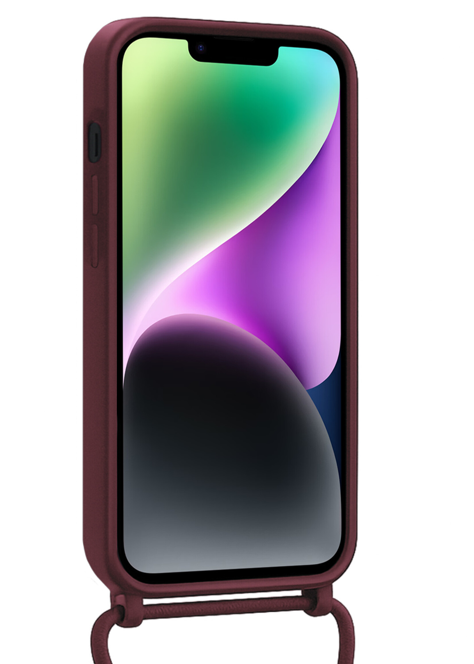 BTH BTH iPhone 14 Hoesje Pashouder met Koord Met Screenprotector - Aubergine