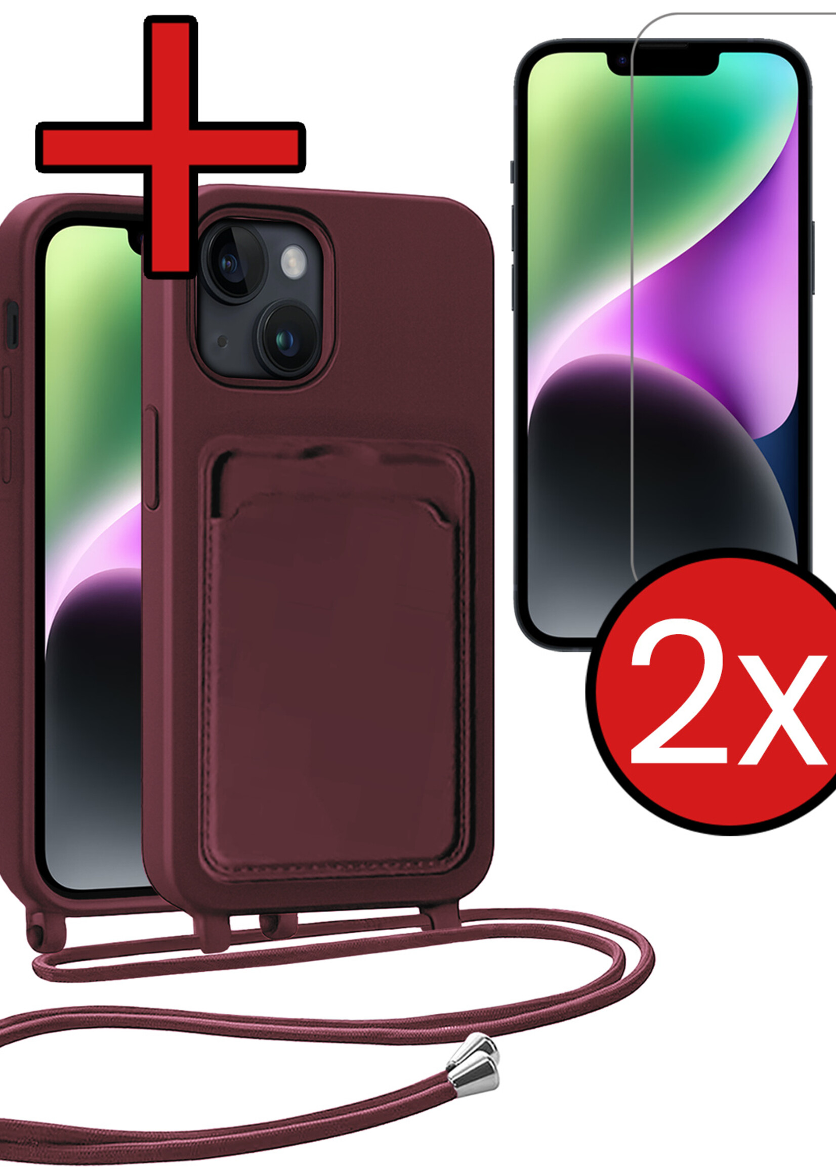 BTH BTH iPhone 14 Hoesje Pashouder met Koord Met 2x Screenprotector - Aubergine