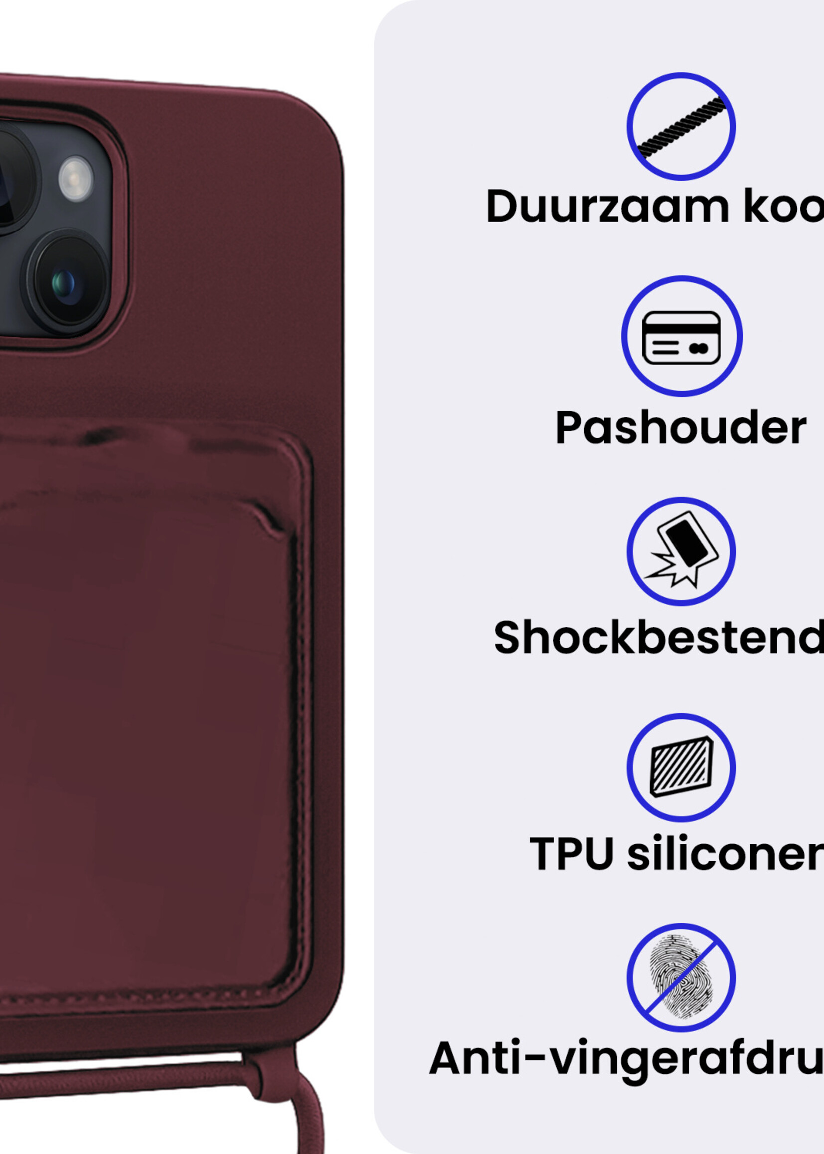 BTH BTH iPhone 14 Hoesje Pashouder met Koord Met 2x Screenprotector - Aubergine