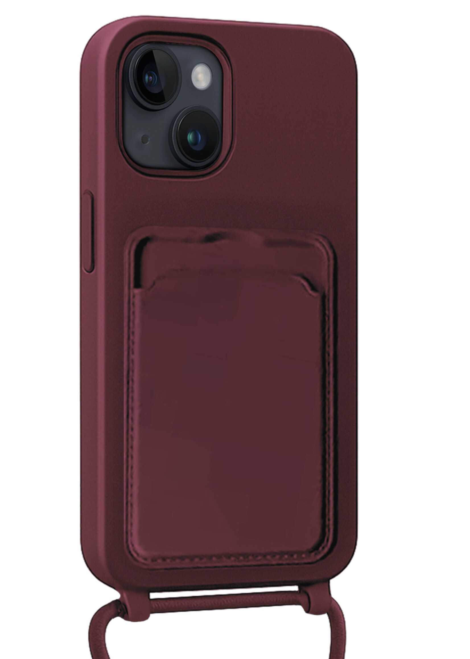 BTH BTH iPhone 14 Hoesje Pashouder met Koord Met 2x Screenprotector - Aubergine