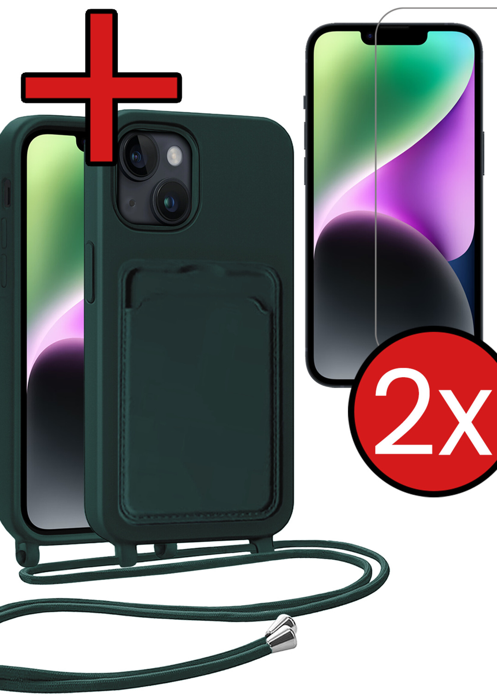 BTH BTH iPhone 14 Hoesje Pashouder met Koord Met 2x Screenprotector - Donkergroen