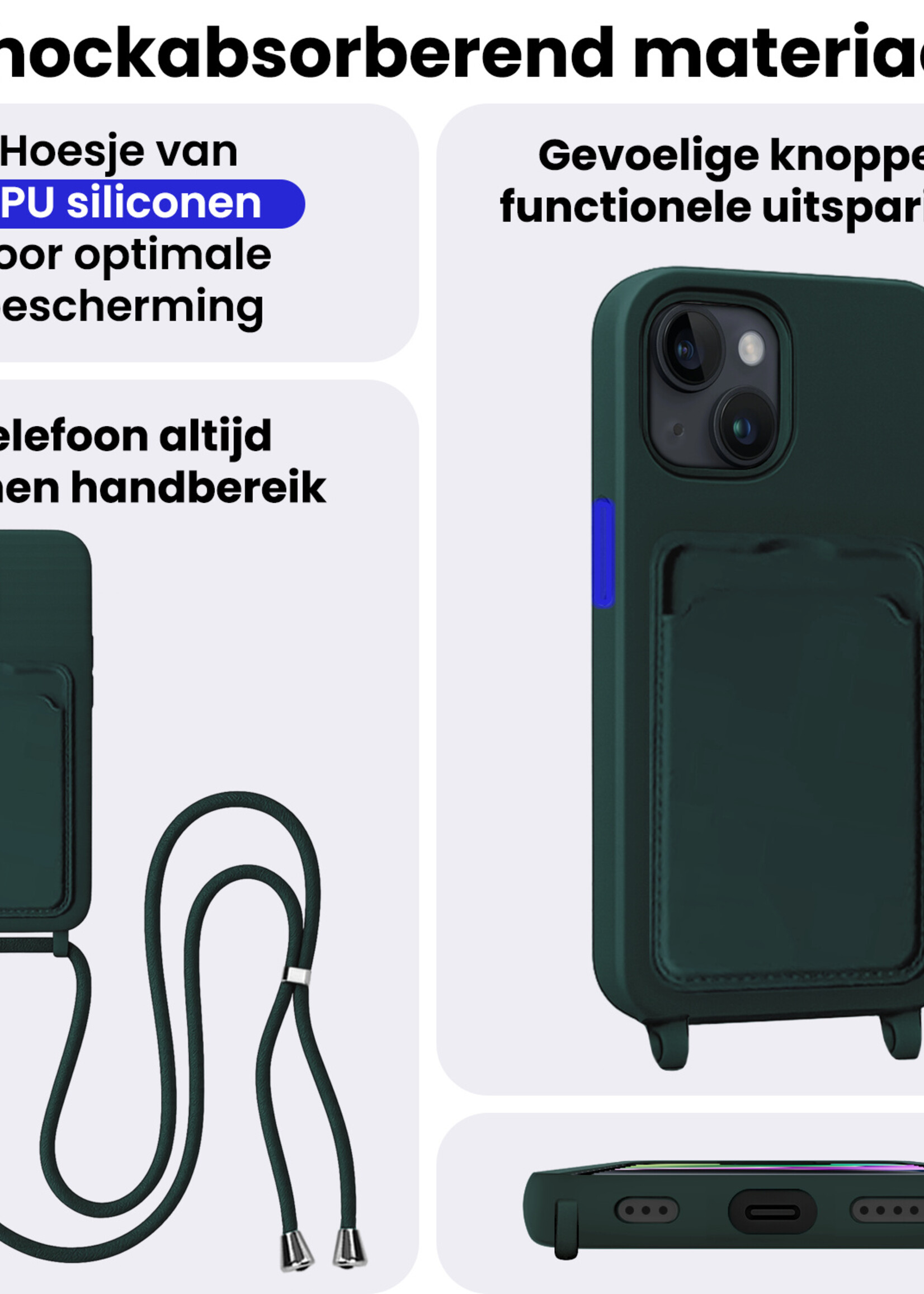BTH BTH iPhone 14 Hoesje Pashouder met Koord Met 2x Screenprotector - Donkergroen