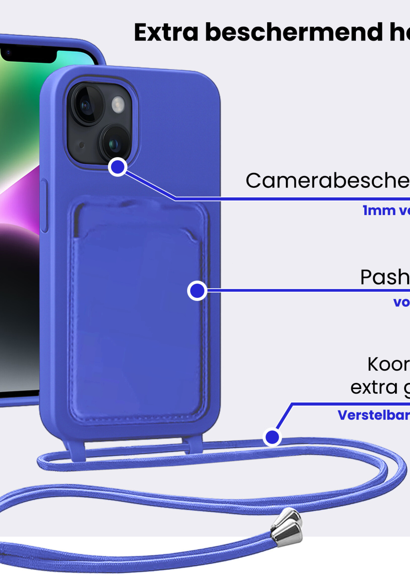 BTH BTH iPhone 14 Hoesje Pashouder met Koord - Fel Blauw - 2 PACK