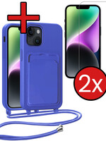 BTH BTH iPhone 14 Hoesje Pashouder met Koord Met 2x Screenprotector - Fel Blauw