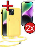 BTH BTH iPhone 14 Hoesje Pashouder met Koord Met 2x Screenprotector - Geel