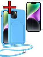BTH BTH iPhone 14 Hoesje Pashouder met Koord Met Screenprotector - Lichtblauw