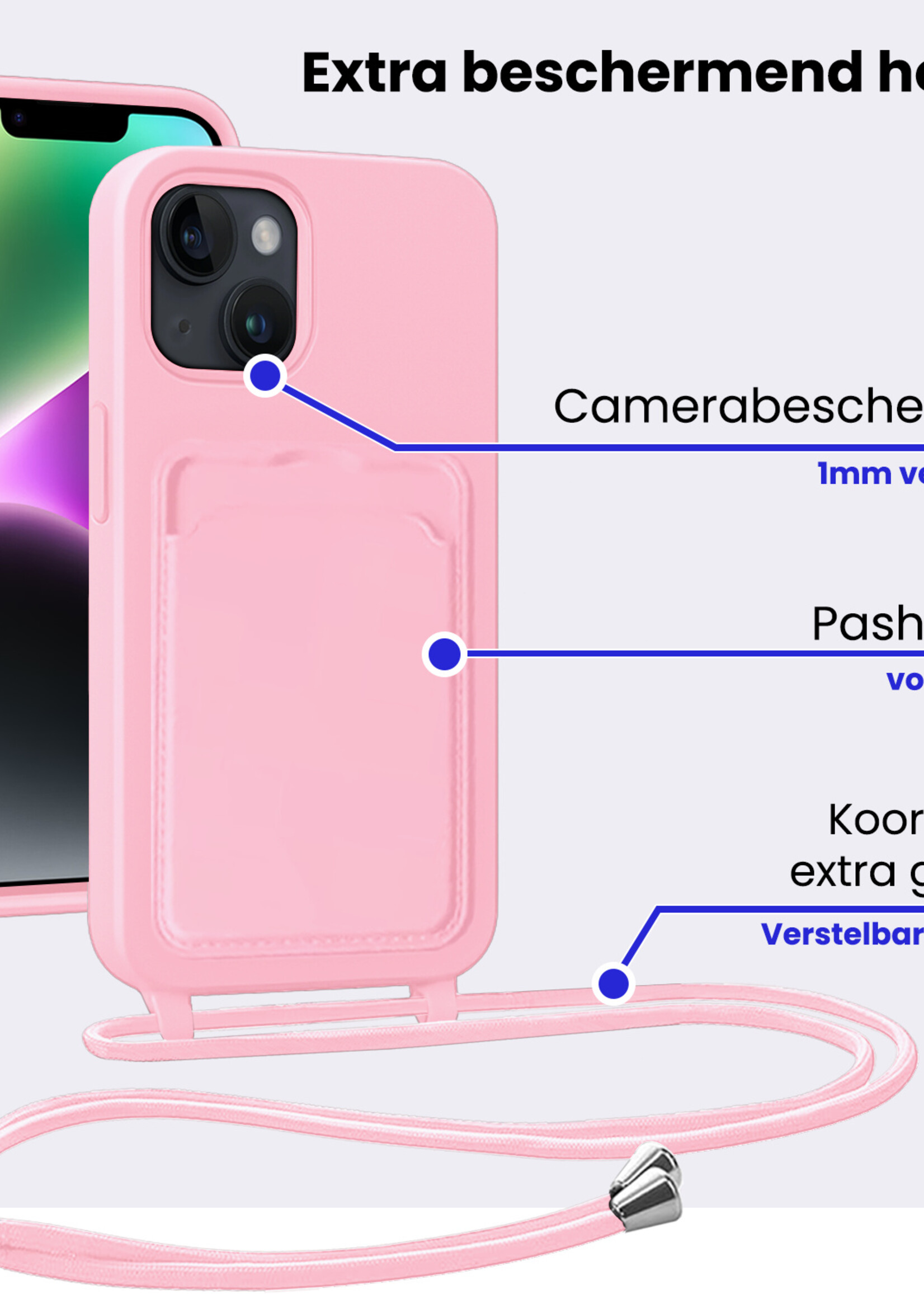 BTH BTH iPhone 14 Hoesje Pashouder met Koord - Lichtroze