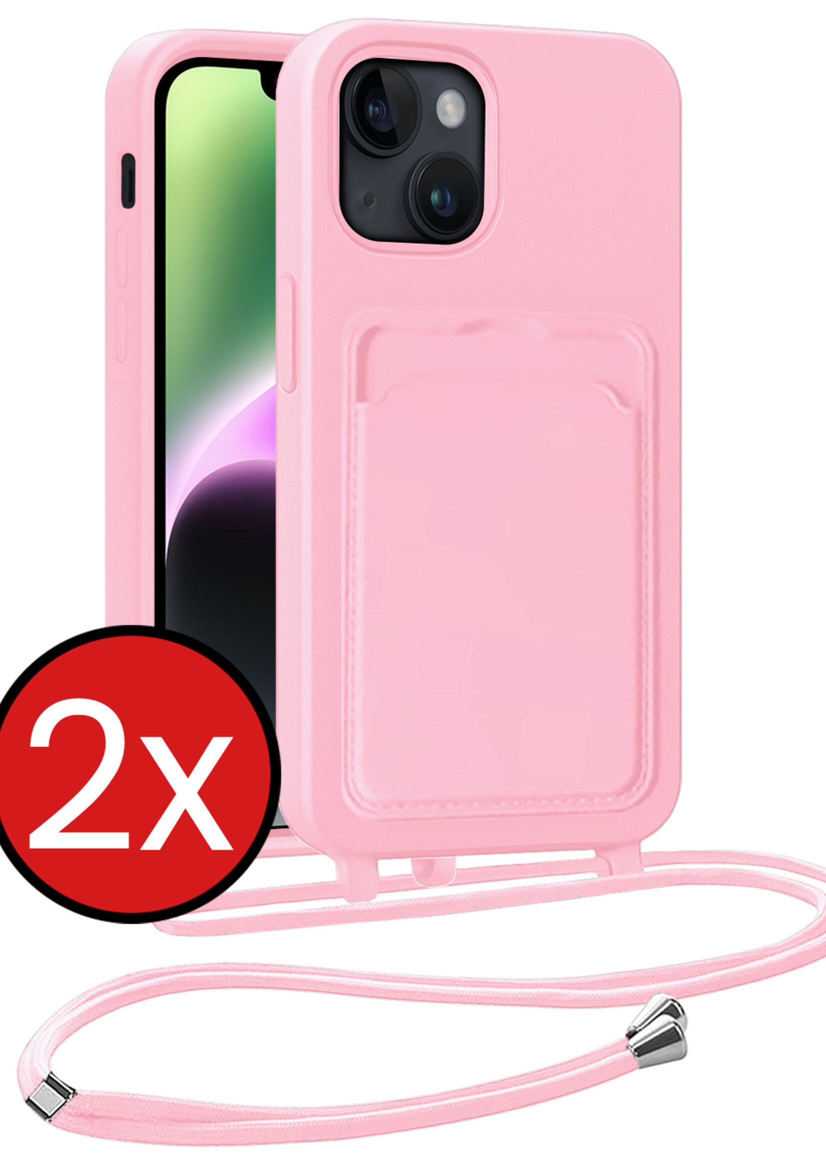 BTH BTH iPhone 14 Hoesje Pashouder met Koord - Lichtroze - 2 PACK