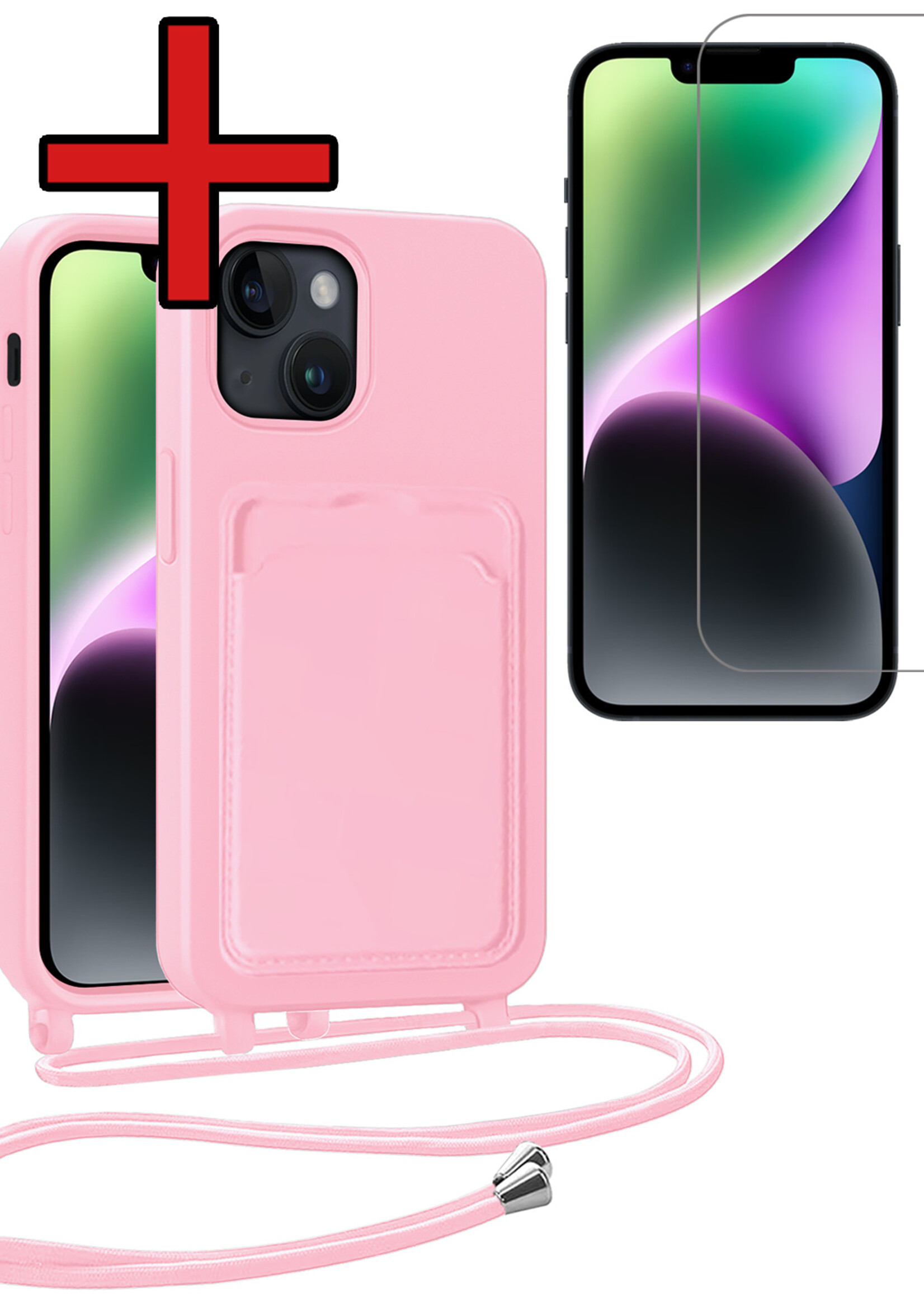 BTH BTH iPhone 14 Hoesje Pashouder met Koord Met Screenprotector - Lichtroze
