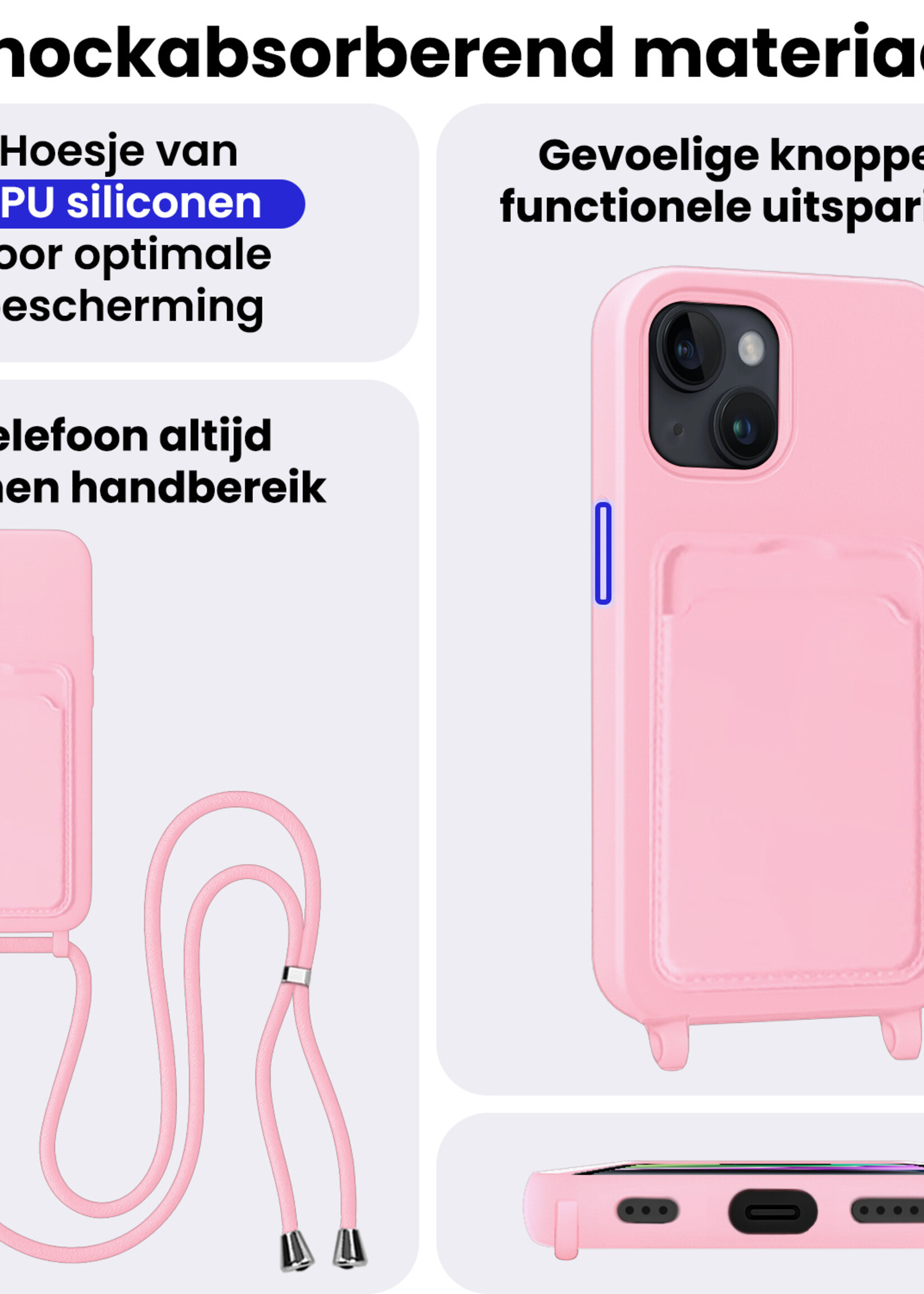 BTH BTH iPhone 14 Hoesje Pashouder met Koord Met Screenprotector - Lichtroze