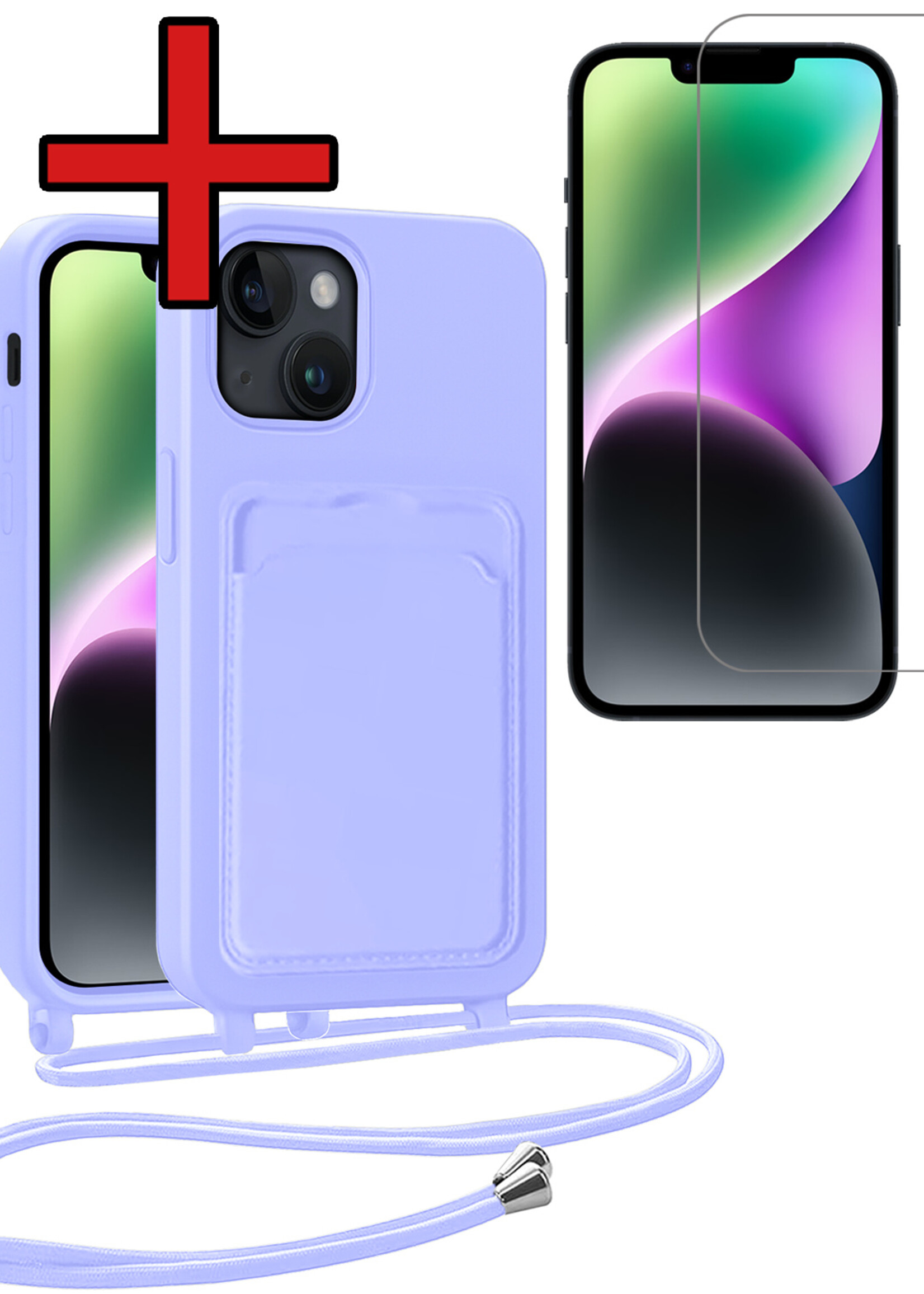 BTH BTH iPhone 14 Hoesje Pashouder met Koord Met Screenprotector - Lila