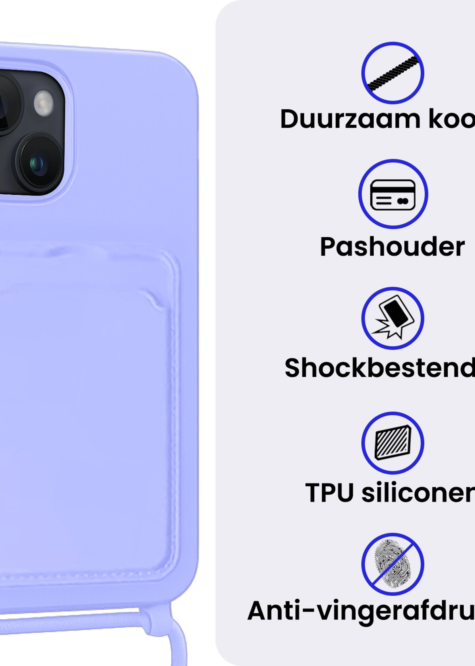 BTH BTH iPhone 14 Hoesje Pashouder met Koord Met Screenprotector - Lila