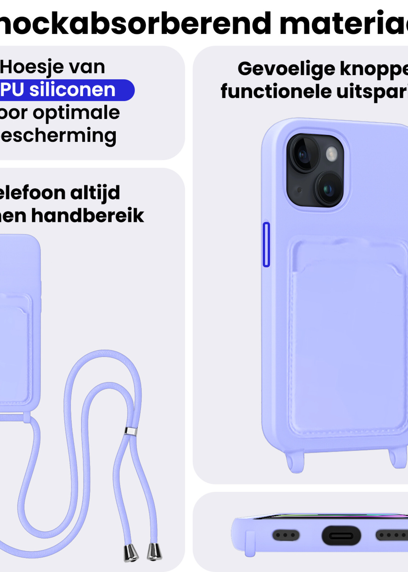 BTH BTH iPhone 14 Hoesje Pashouder met Koord Met Screenprotector - Lila