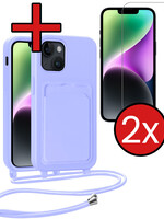 BTH BTH iPhone 14 Hoesje Pashouder met Koord Met 2x Screenprotector - Lila
