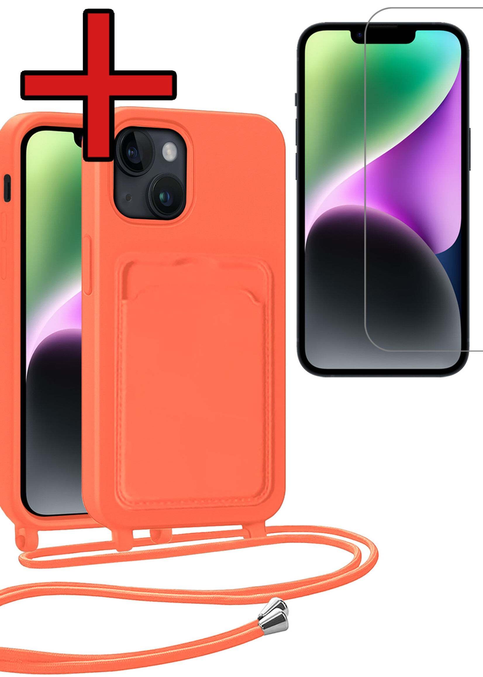 BTH BTH iPhone 14 Hoesje Pashouder met Koord Met Screenprotector - Papaya
