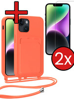 BTH BTH iPhone 14 Hoesje Pashouder met Koord Met 2x Screenprotector - Papaya