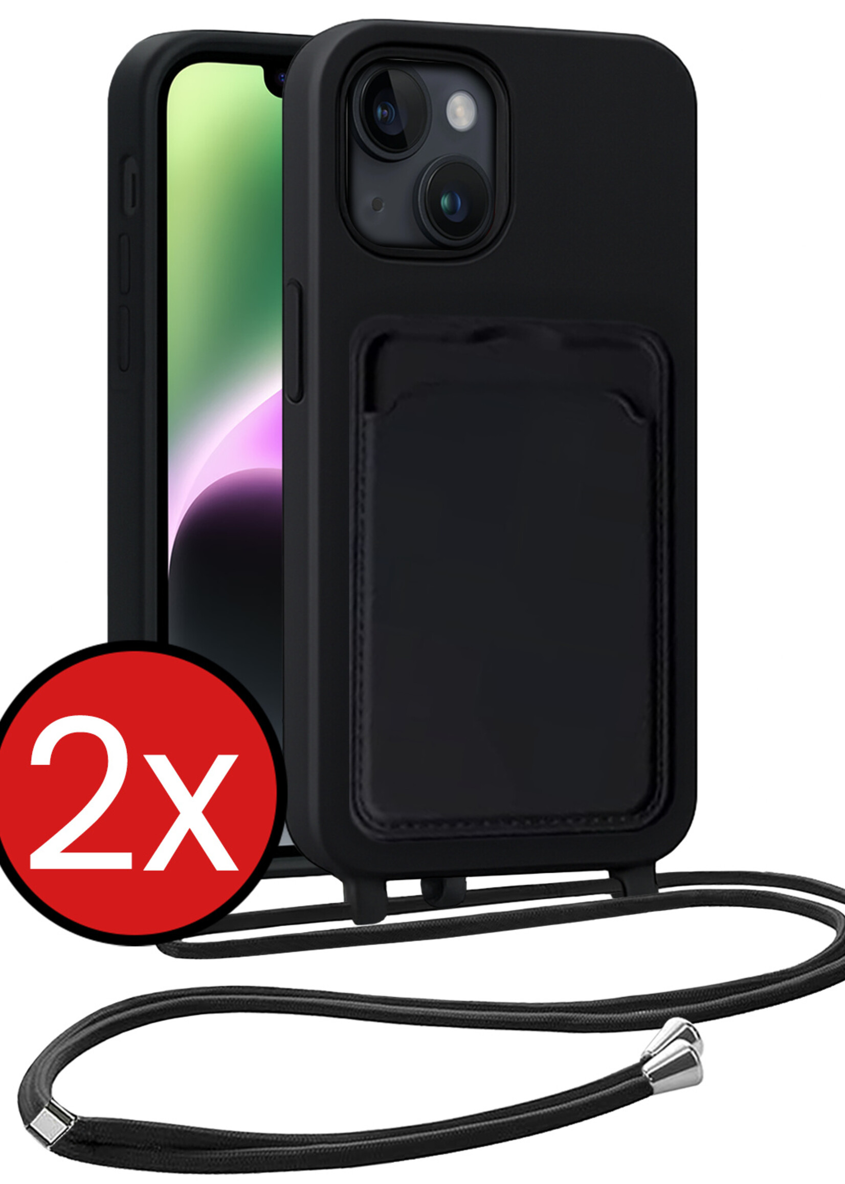BTH BTH iPhone 14 Hoesje Pashouder met Koord - Zwart - 2 PACK