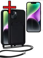 BTH BTH iPhone 14 Hoesje Pashouder met Koord Met Screenprotector - Zwart