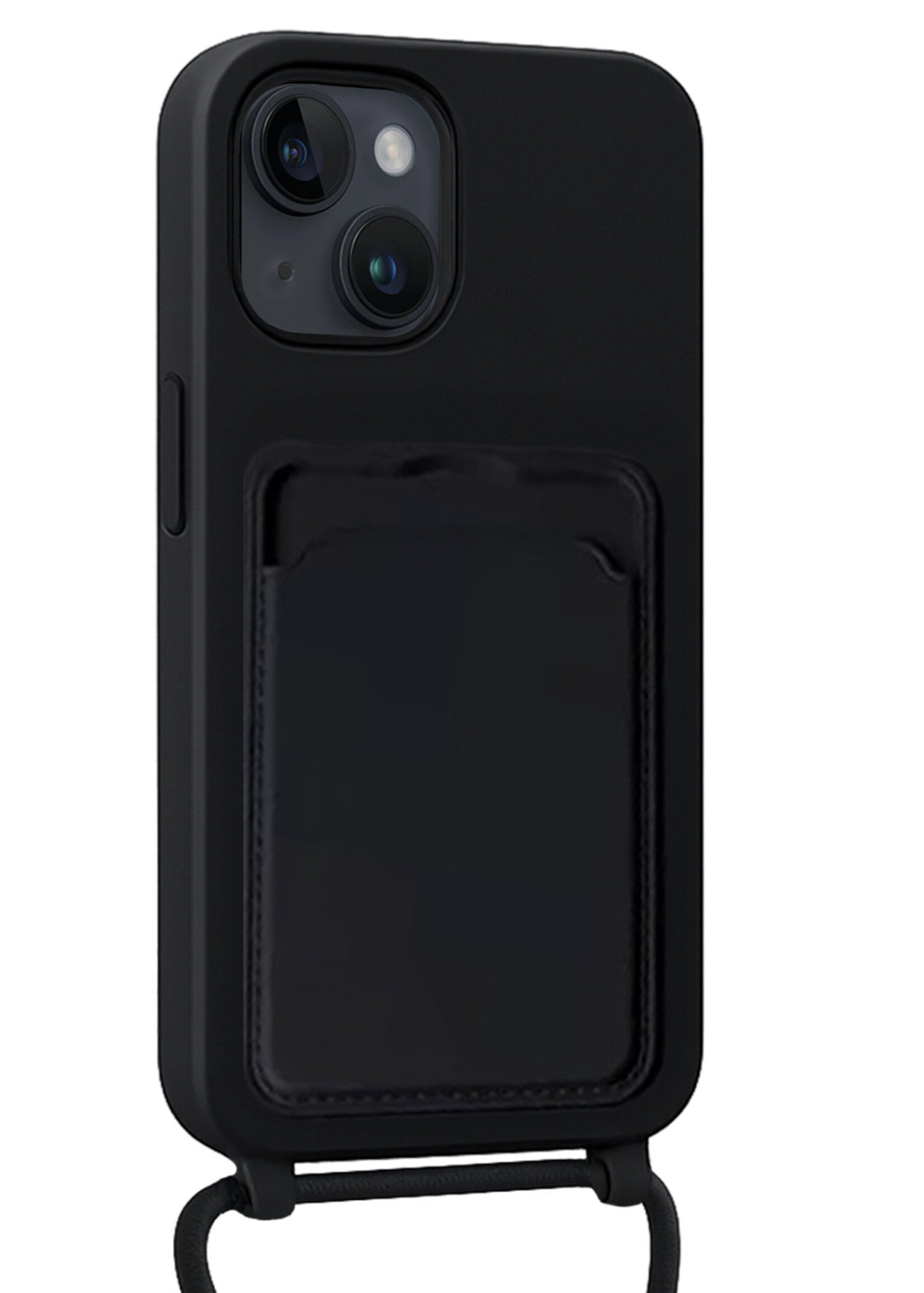 BTH BTH iPhone 14 Hoesje Pashouder met Koord Met 2x Screenprotector - Zwart