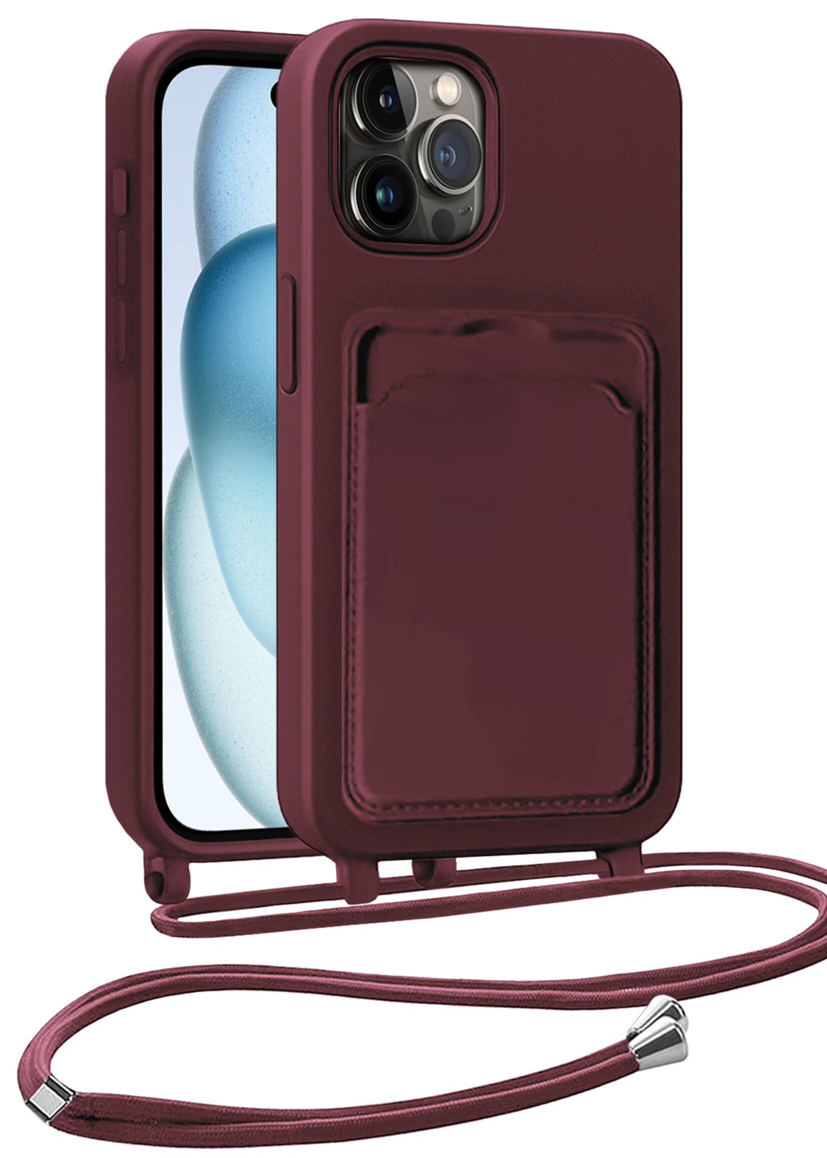 BTH BTH iPhone 14 Pro Hoesje Pashouder met Koord - Aubergine