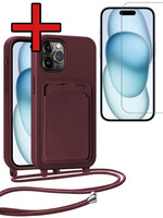 BTH BTH iPhone 14 Pro Hoesje Pashouder met Koord Met Screenprotector - Aubergine
