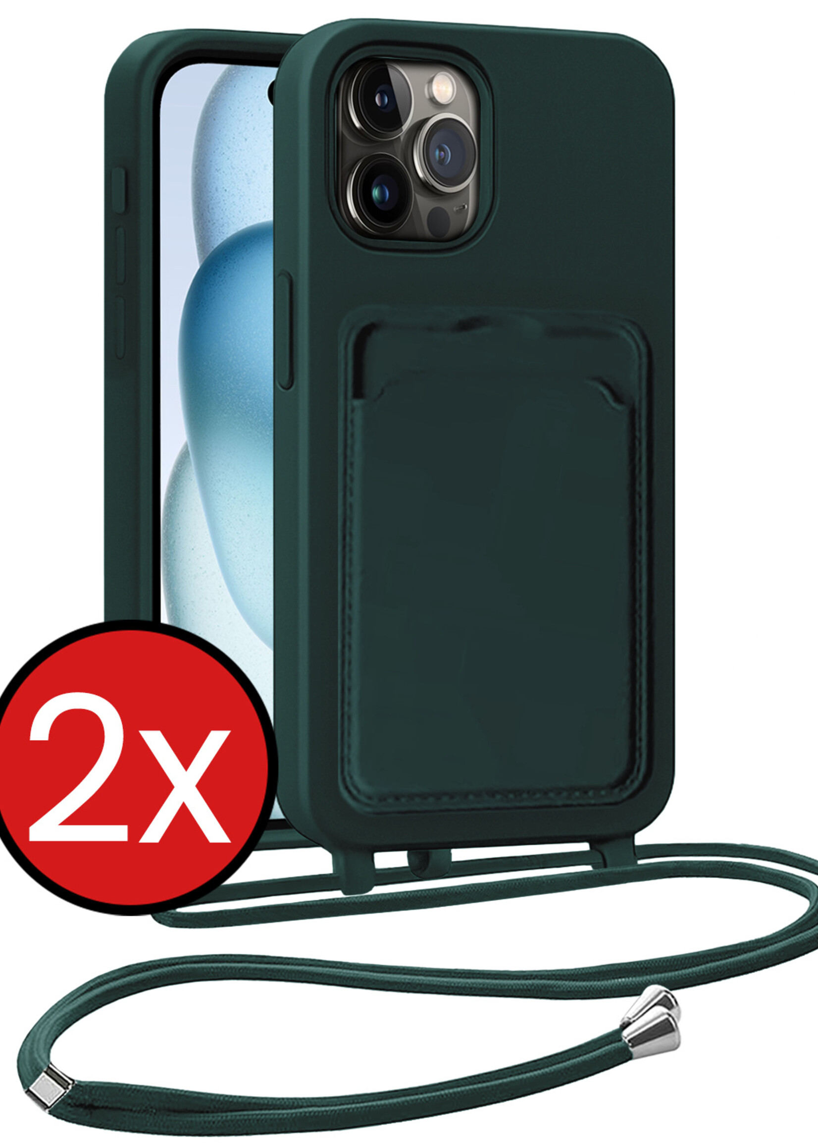 BTH BTH iPhone 14 Pro Hoesje Pashouder met Koord - Donkergroen - 2 PACK