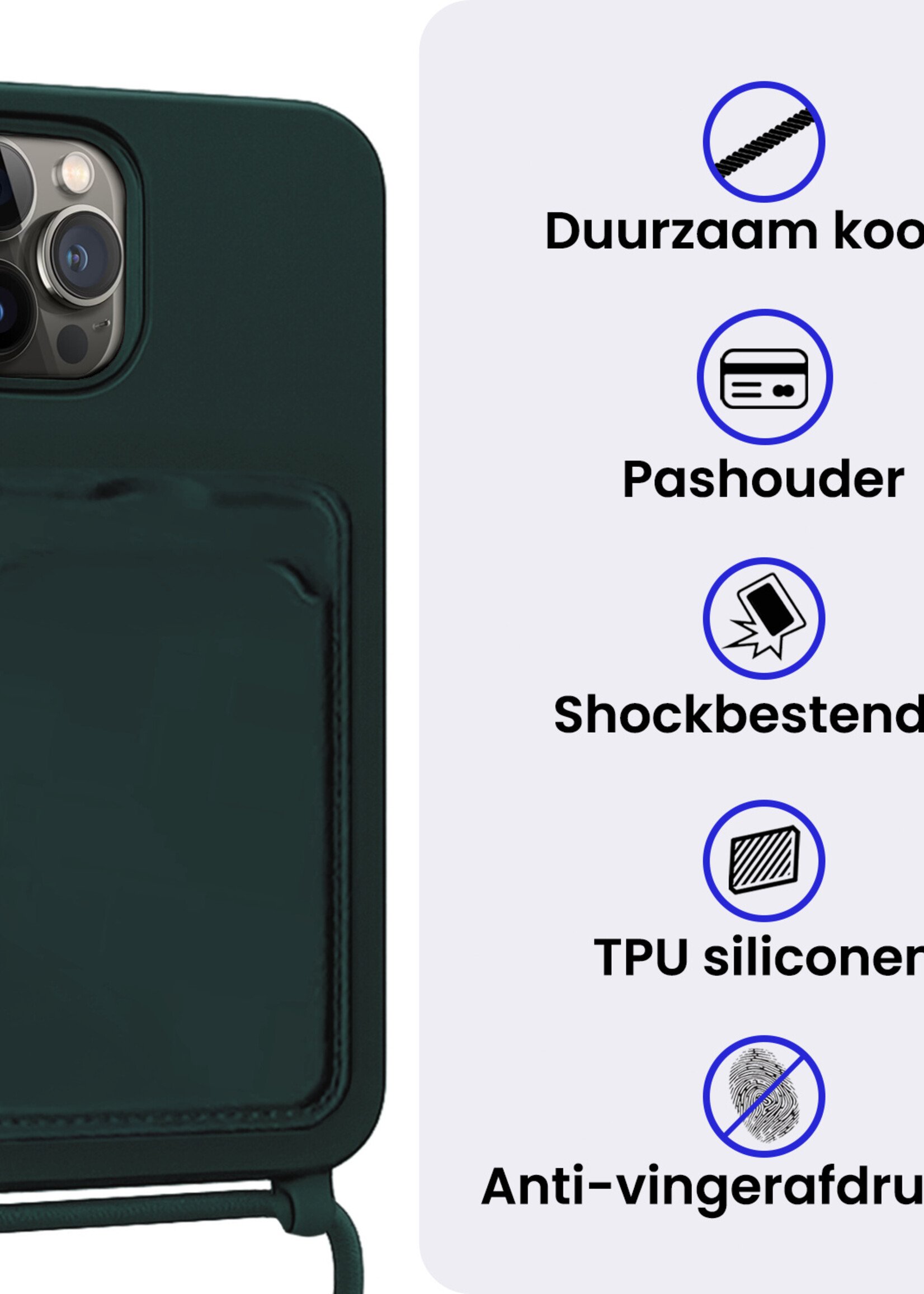 BTH BTH iPhone 14 Pro Hoesje Pashouder met Koord Met 2x Screenprotector - Donkergroen