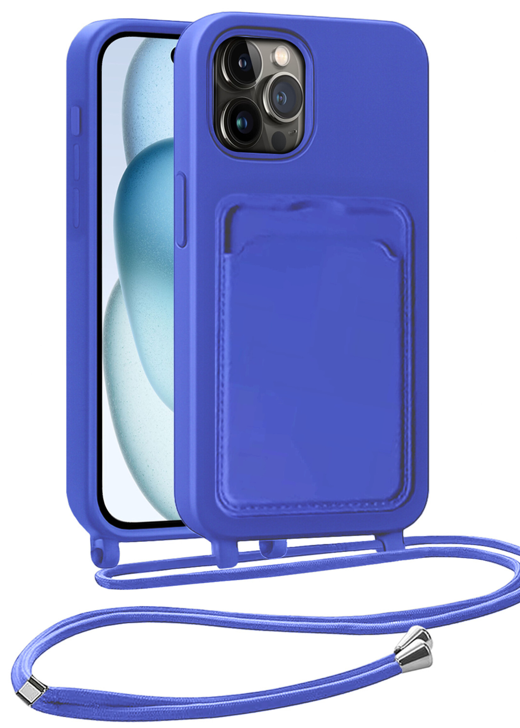 BTH BTH iPhone 14 Pro Hoesje Pashouder met Koord - Fel Blauw