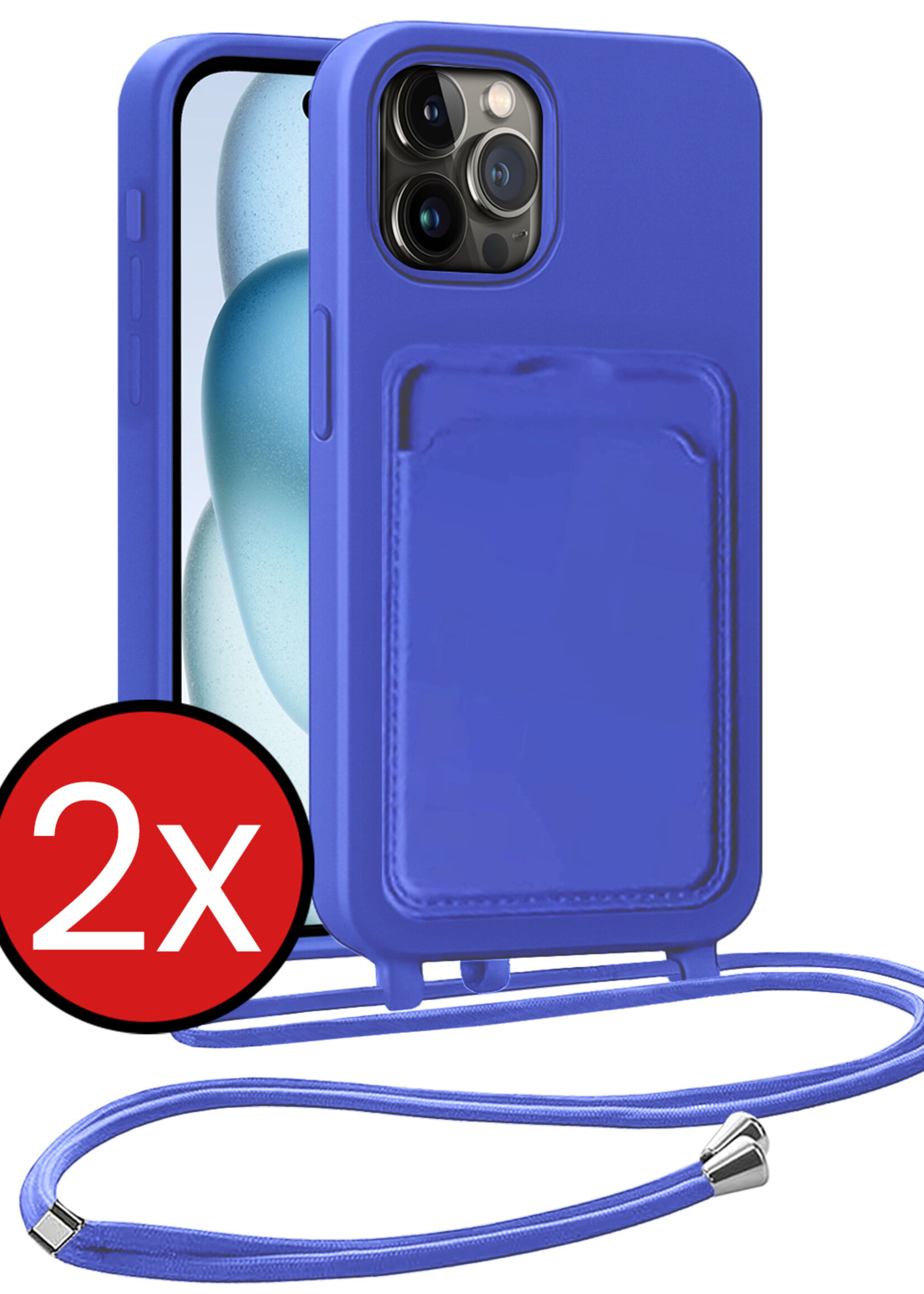 BTH BTH iPhone 14 Pro Hoesje Pashouder met Koord - Fel Blauw - 2 PACK