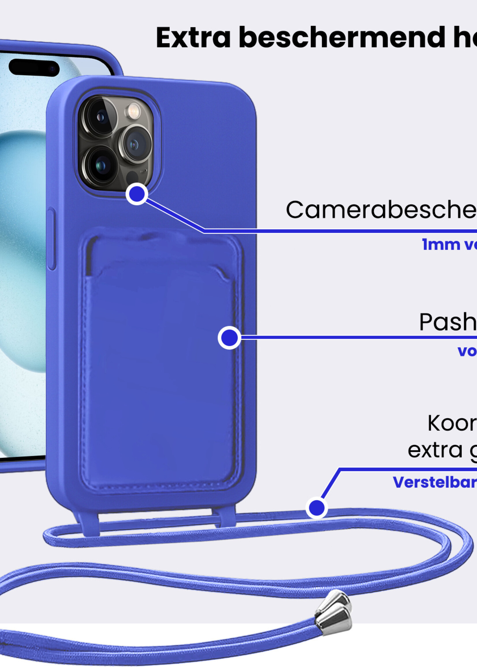 BTH BTH iPhone 14 Pro Hoesje Pashouder met Koord - Fel Blauw - 2 PACK