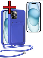 BTH BTH iPhone 14 Pro Hoesje Pashouder met Koord Met Screenprotector - Fel Blauw