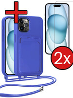 BTH BTH iPhone 14 Pro Hoesje Pashouder met Koord Met 2x Screenprotector - Fel Blauw