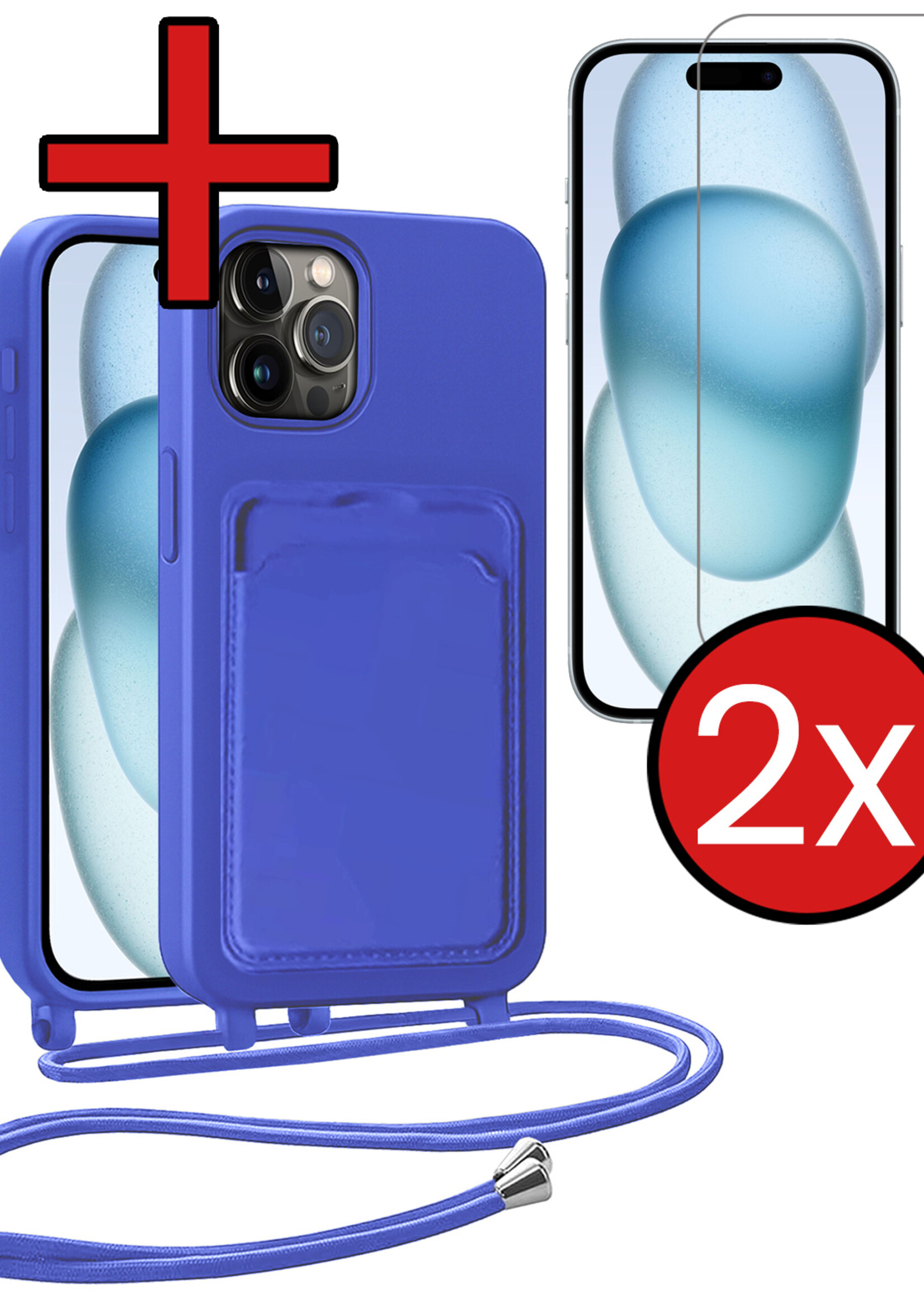 BTH BTH iPhone 14 Pro Hoesje Pashouder met Koord Met 2x Screenprotector - Fel Blauw