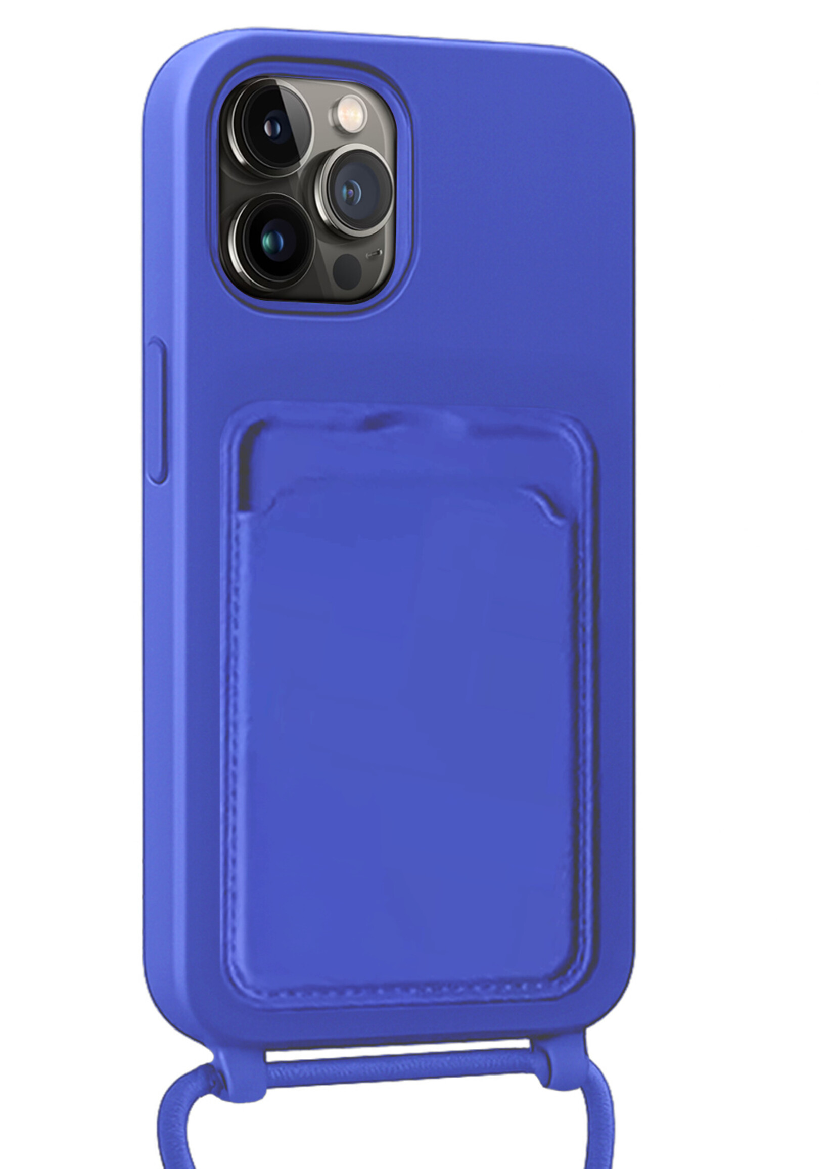 BTH BTH iPhone 14 Pro Hoesje Pashouder met Koord Met 2x Screenprotector - Fel Blauw