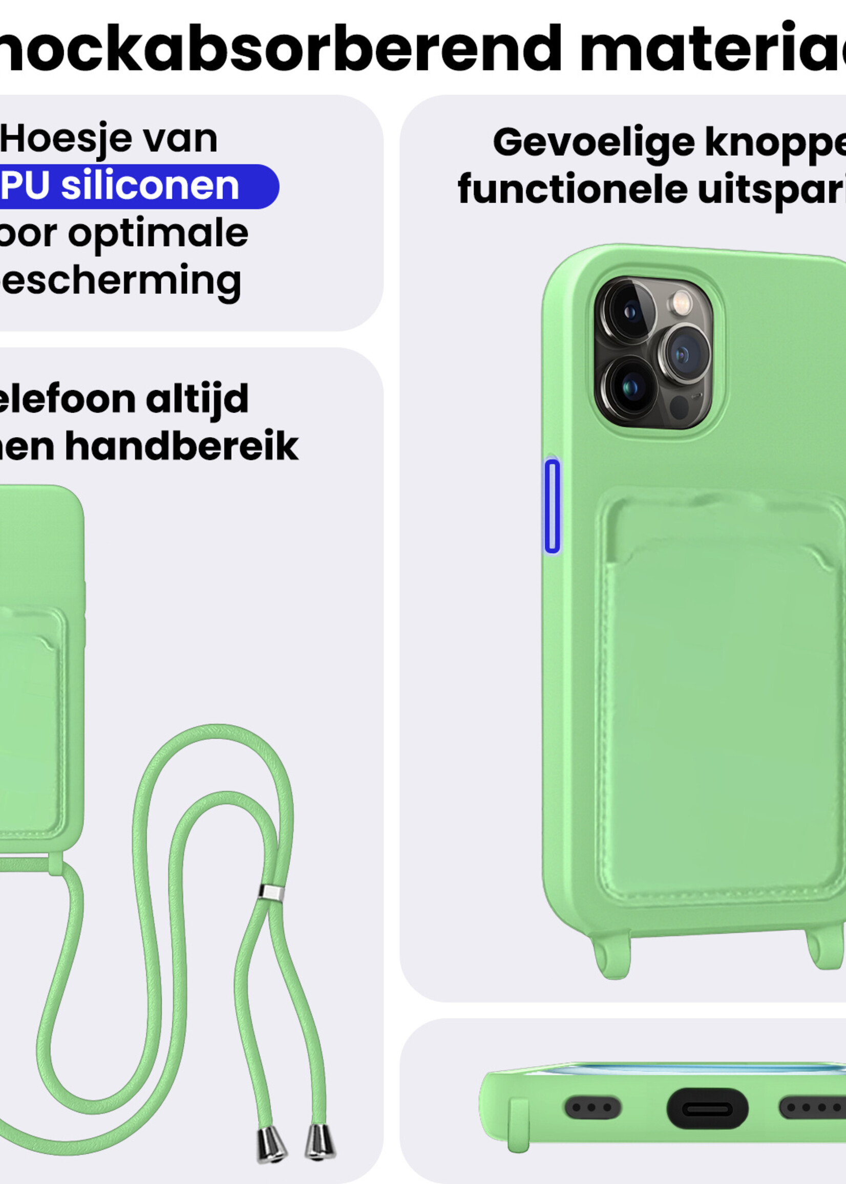 BTH BTH iPhone 14 Pro Hoesje Pashouder met Koord - Groen