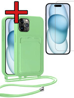 BTH BTH iPhone 14 Pro Hoesje Pashouder met Koord Met Screenprotector - Groen
