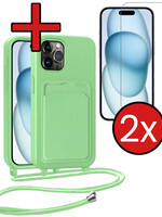 BTH BTH iPhone 14 Pro Hoesje Pashouder met Koord Met 2x Screenprotector - Groen