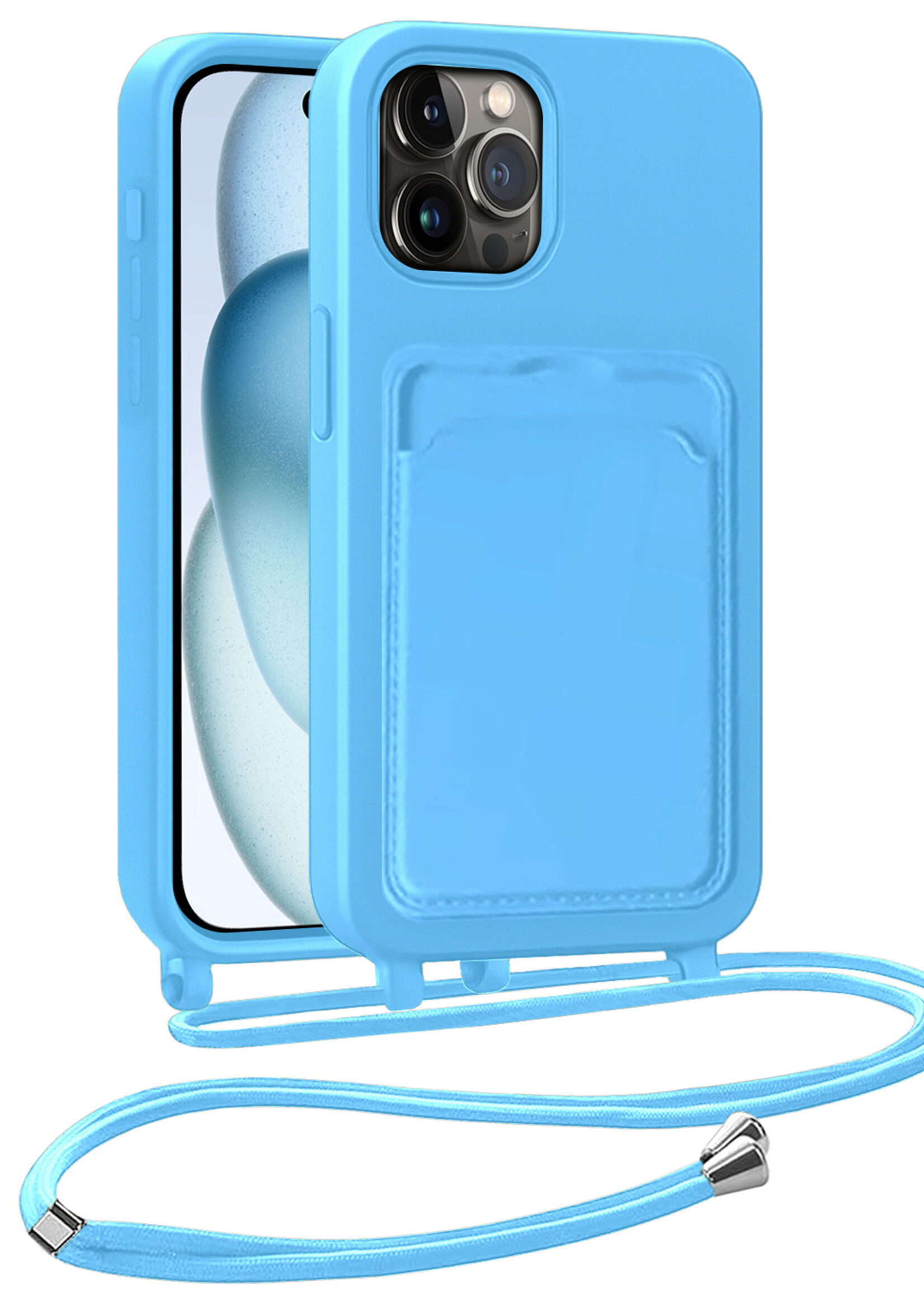 BTH BTH iPhone 14 Pro Hoesje Pashouder met Koord - Lichtblauw